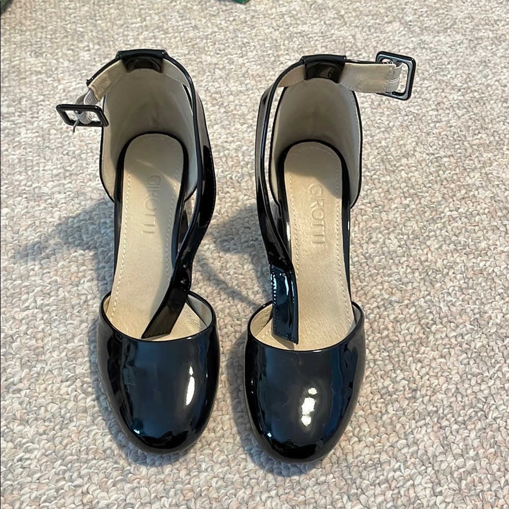 Girotti Black Patent Leather Block Heel Classic Shoes
